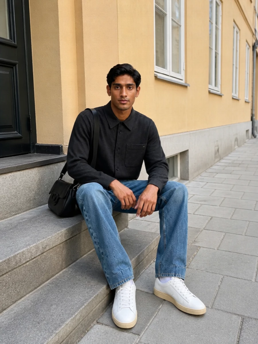Valentino denim jeans charcoal overshirt sneakers