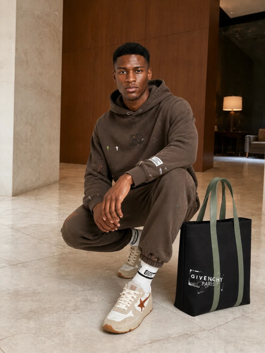 Gallery dept brown tracksuit golden goose sneakers