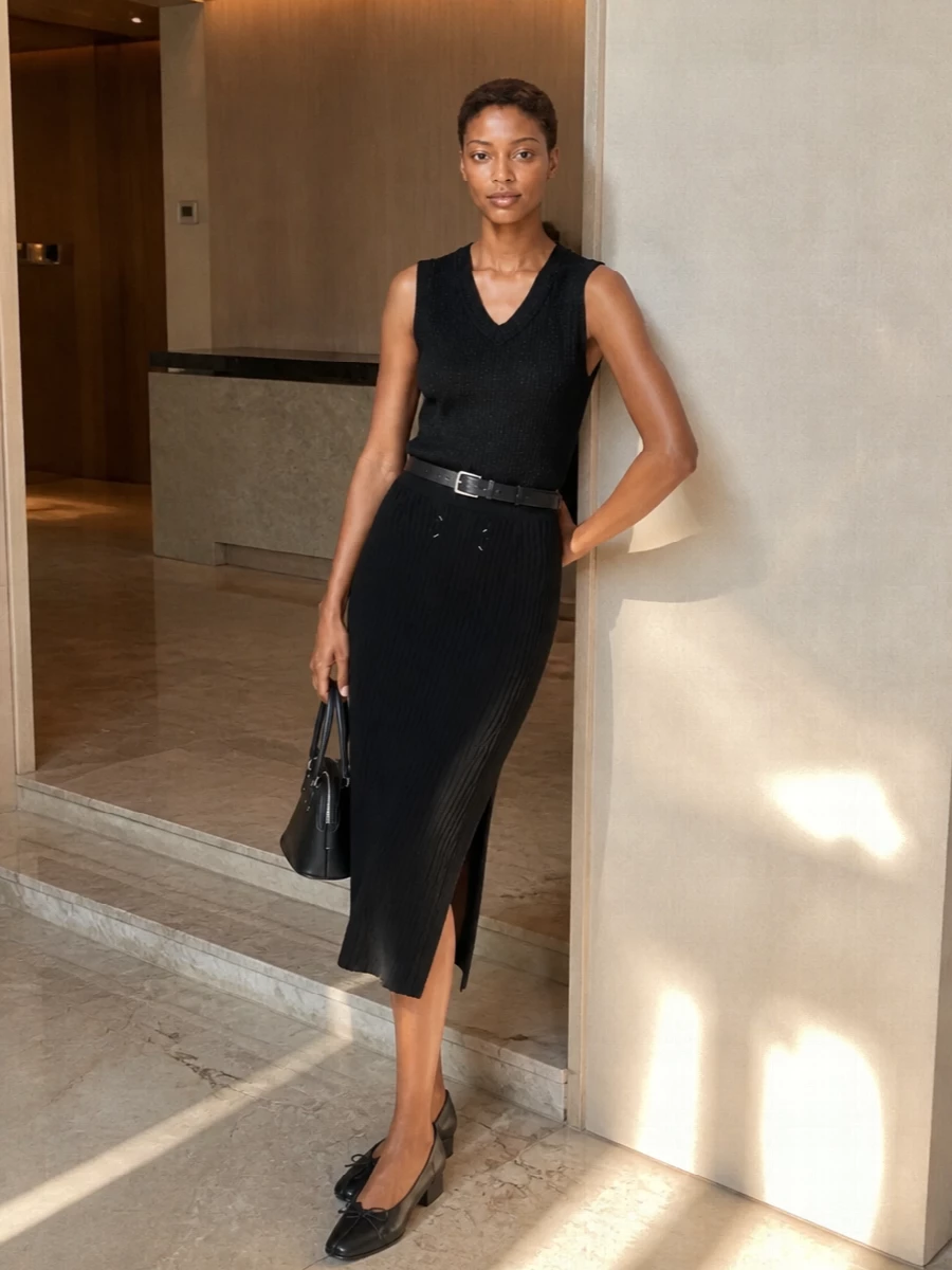 A pure black column, grounded in ribbed knit and a sleeveless V, reads disciplined yet easy from daytime studio hours to late dinners. The low block-heel pump and compact top-handle keep the proportions light, while a clean belt subtly carves in the waist without disturbing the monochrome calm.