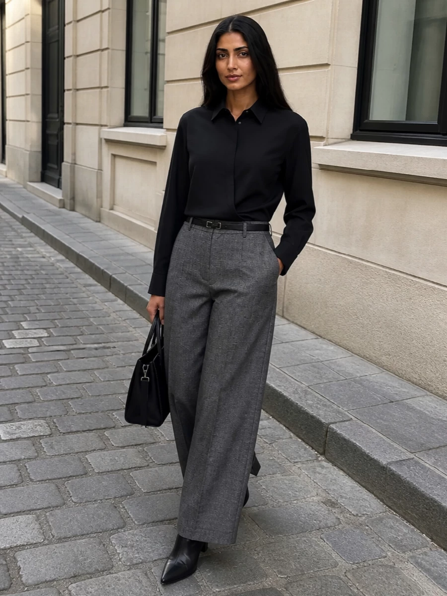 This look builds a modern, monochrome power uniform around the herringbone wide-leg trouser, pairing it with a sculptural black Valentino shirt for a clean, elongated line. Pointed black ankle boots and a structured black top-handle bag keep the mood impeccably tailored, while a slim black belt quietly defines the waist for boardroom-to-dinner polish.