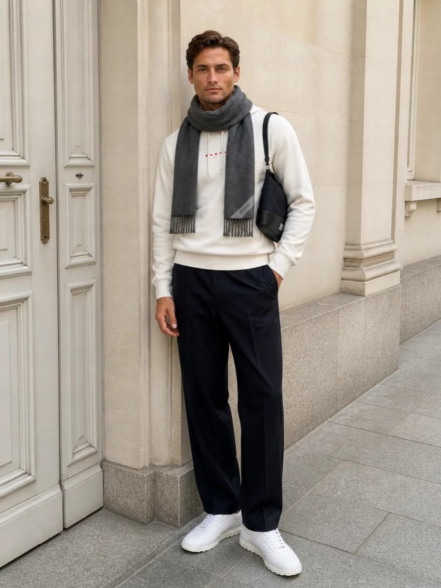 An off-white Marni hoodie sits over deep navy tailored trousers for a clean, street-informed base that still reads refined. Soft white runners with a discreet red logo echo the hoodie’s detailing, while a structured black Margiela shoulder bag and charcoal scarf keep the palette disciplined and quietly confident. It is a city-ready mix of relaxed comfort and precise tailoring that feels considered from coffee to late trains home.