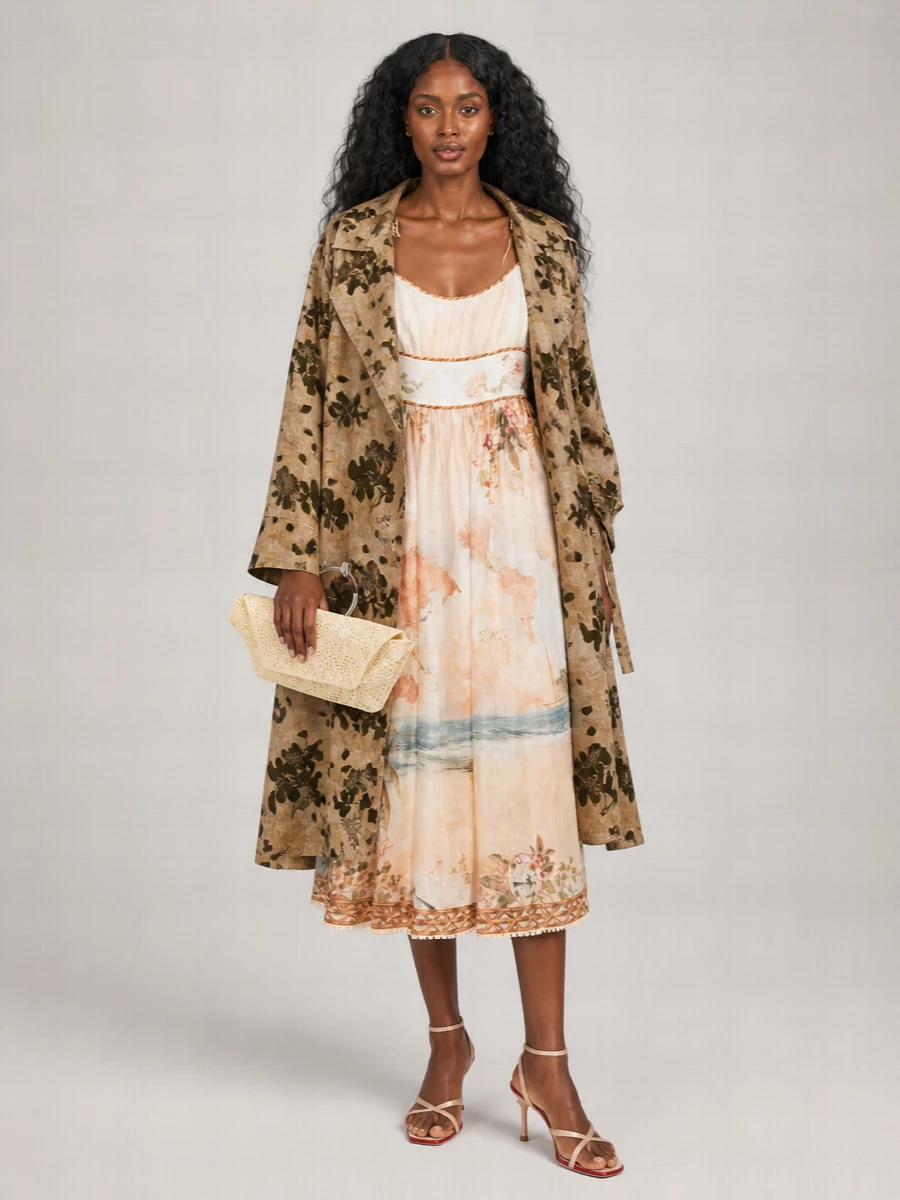 Zimmermann’s map-print midi stays centre stage, framed by blush-nude heels and a buttercream lace clutch that echo its sun-washed romance. The palette stays whisper-soft, so all the texture reads boho and dreamy rather than busy. Perfect for garden weddings or late-summer dinners where you want movement and lightness with just enough formality.