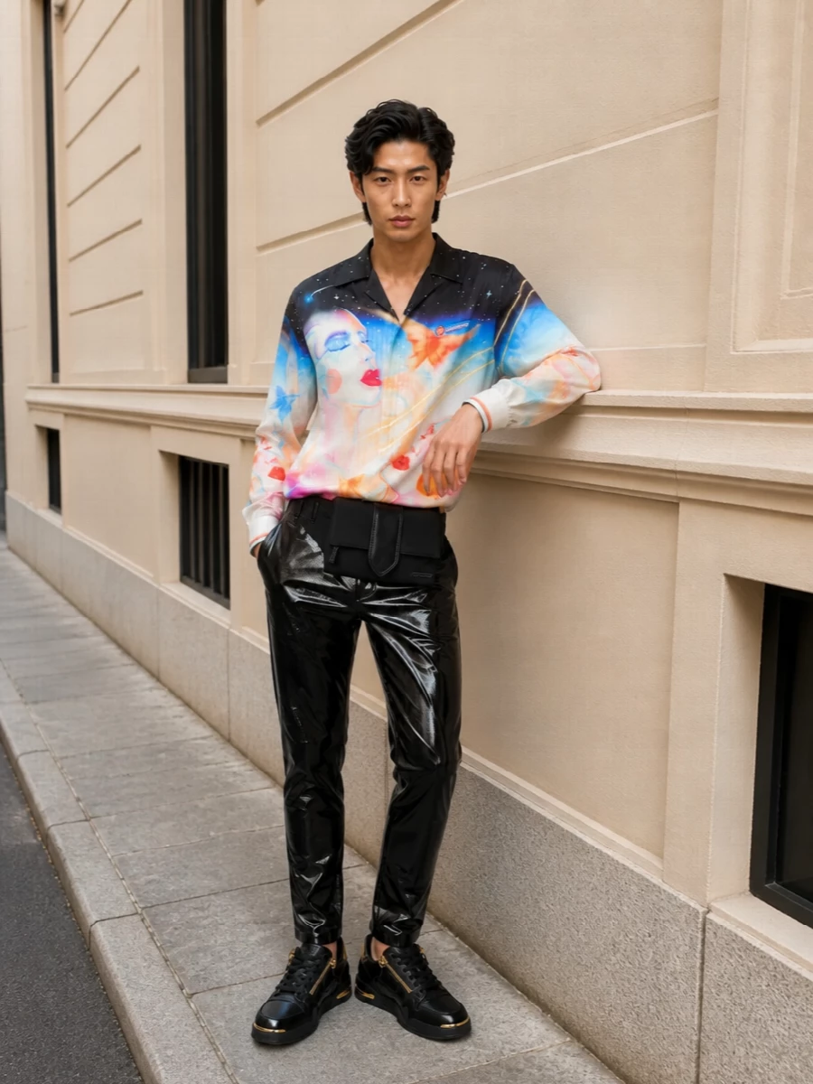 High-shine Courrèges trousers meet Casablanca’s cosmic silk for a nightlife uniform that feels louche, graphic, and unapologetically city. Chunky black-and-gold Zanotti sneakers and a sleek Jacquemus belt bag keep it grounded in luxury streetwear while still reading ready for the club. The result is sharp, high-energy and tightly edited around black with controlled flashes of light and color.