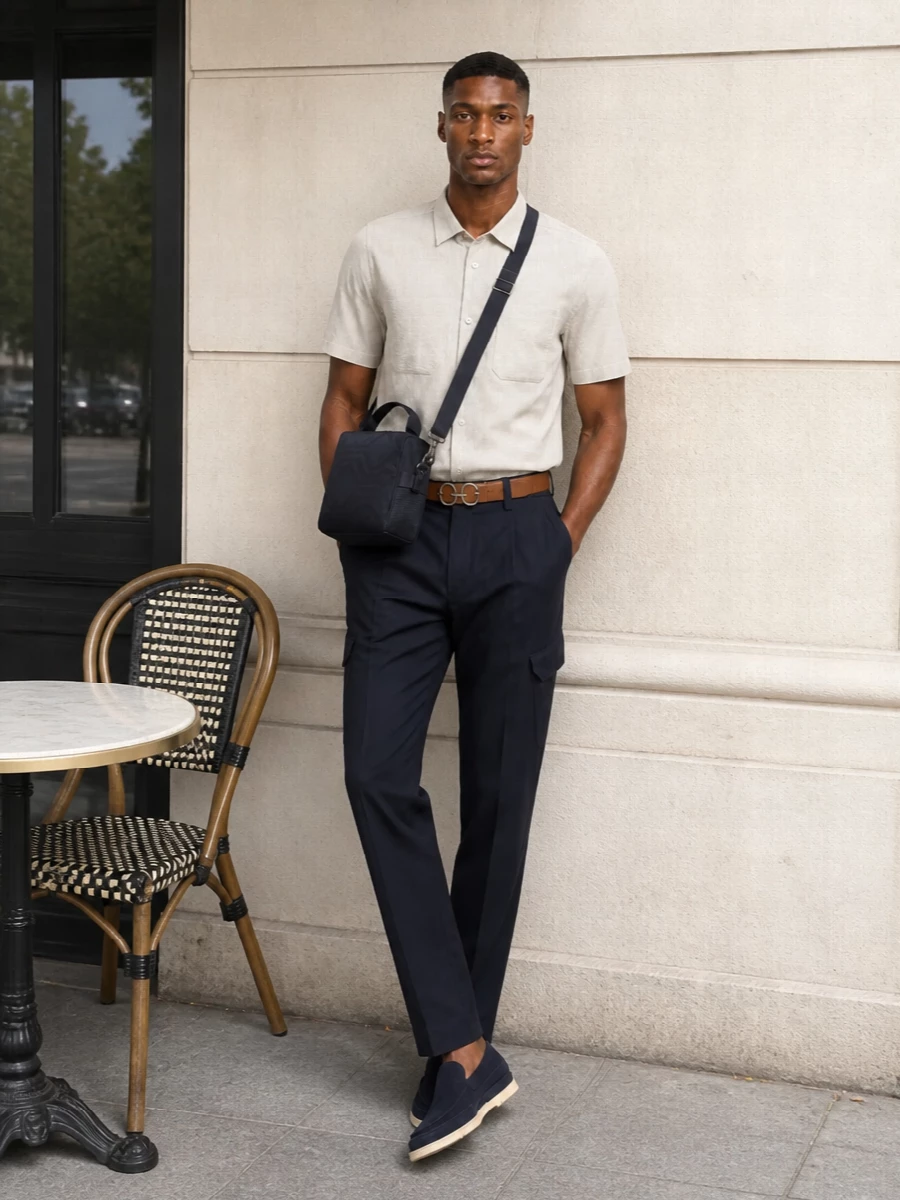 Ink cargo trousers meet a textured stone short-sleeve shirt for a clean, utility-leaning take on smart casual. Navy suede loafers and a structured crossbody keep the palette tight and the mood quietly refined. The reversible belt pulls navy and warm neutrals together so the whole outfit reads deliberate, not matchy.
