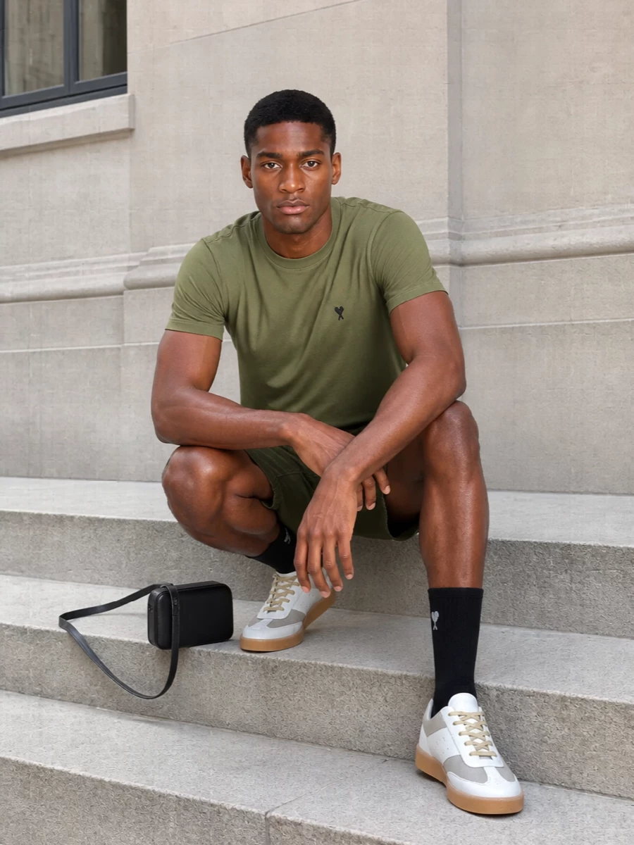 Ami olive t shirt tailored bermuda shorts outfit