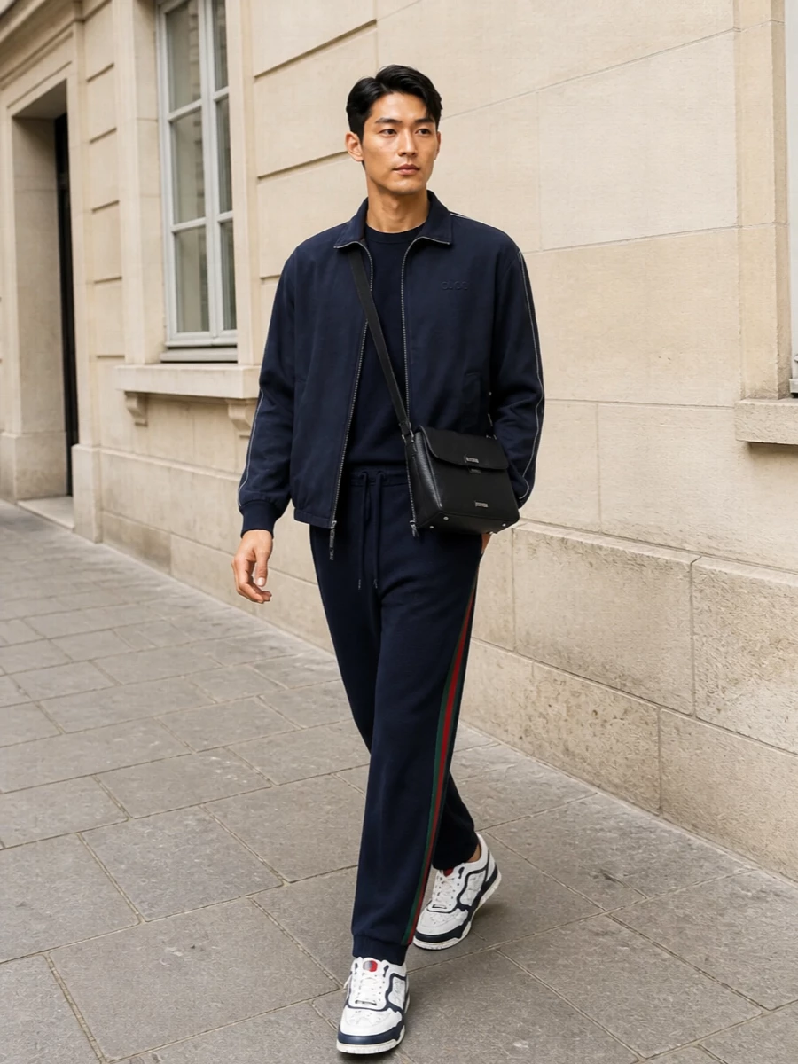 Gucci navy track jacket joggers athleisure outfit