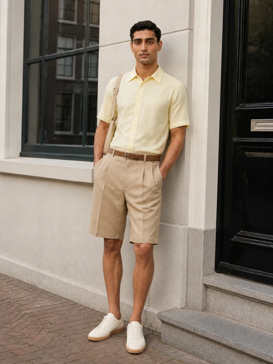 Soft butter yellow and sand beige are kept close to the body in clean, tailored lines, so the palette feels calm rather than sugary. The pleated bermuda, cream sneakers and slim buttercream bag create a quietly polished summer uniform that moves easily from late brunch to an early dinner. A suede belt introduces just enough texture at the waist to frame the boxy shirt without disturbing the lightness of the silhouette.