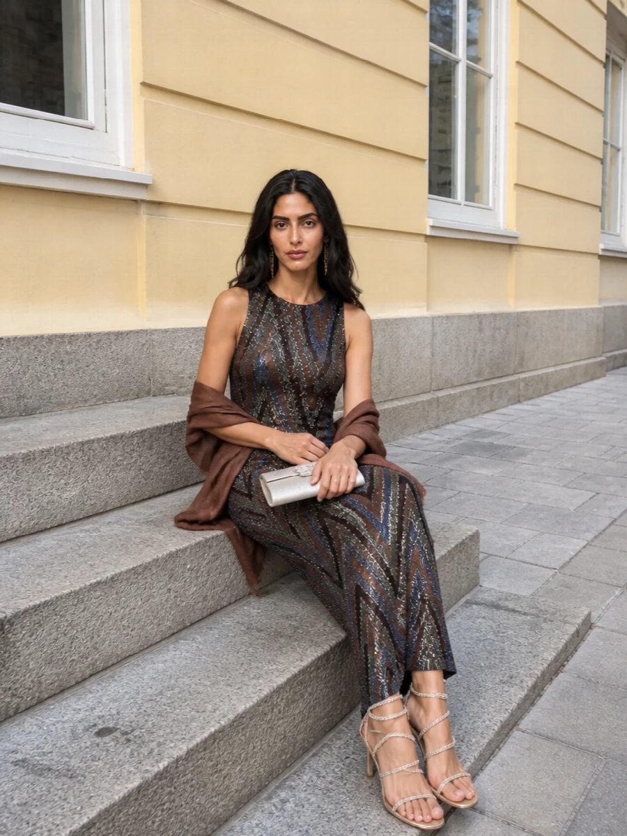Missoni sequin evening dress rene caovilla heels
