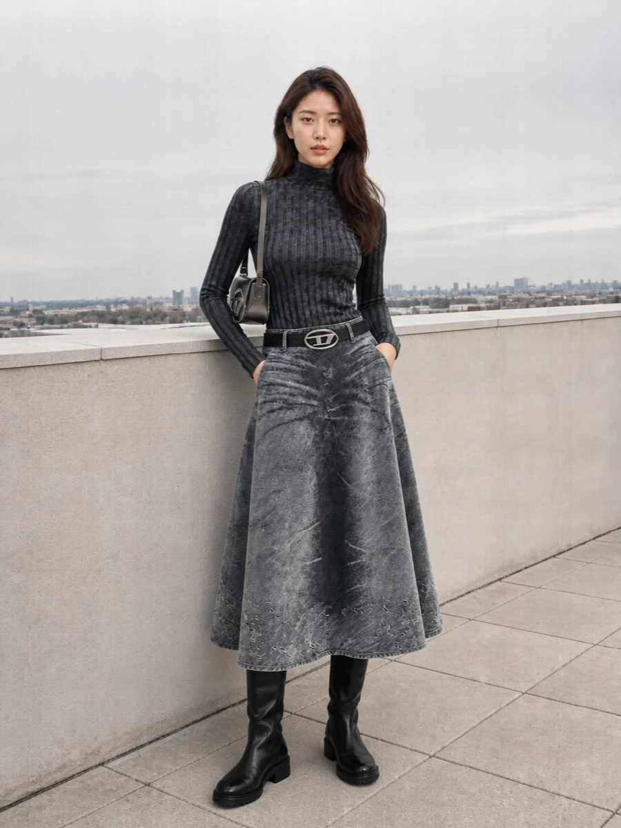 Washed greys and charcoals keep this all-Diesel moment tight, with the ribbed mock-neck anchoring the logo-plaque midi in a clean, body-conscious line. Chunky knee-high boots stop the A-line from feeling too sweet, while the metallic shoulder bag and logo belt layer in just enough shine for a late-city-night mood that still works by day. It is grunge-leaning streetwear, but considered and quietly polished in its proportions.