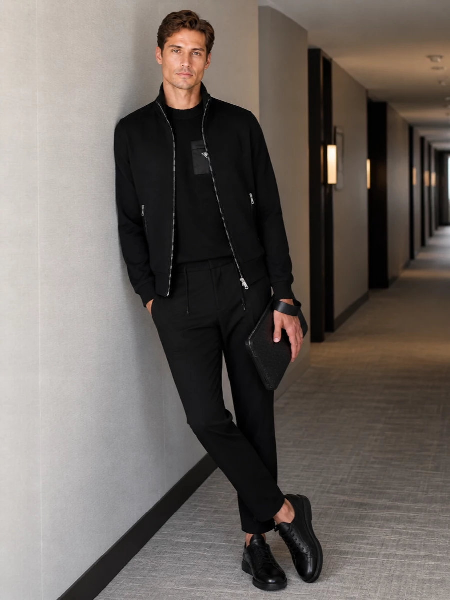 Prada black technical blouson utility trousers outfit
