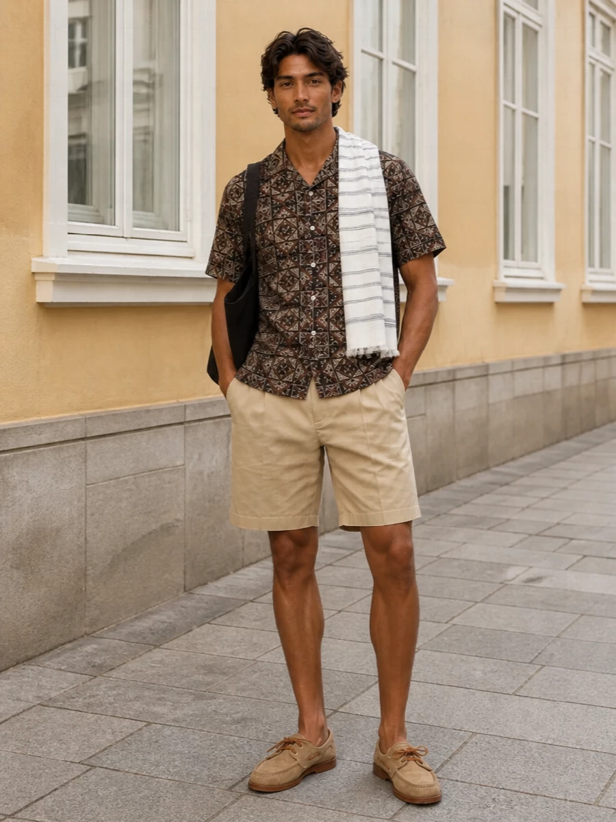 Beams plus shirt pleated shorts suede boat shoes