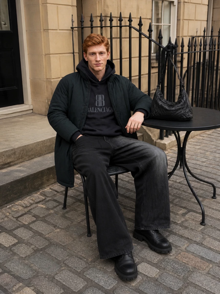 Balenciaga padded coat wide leg jeans outfit