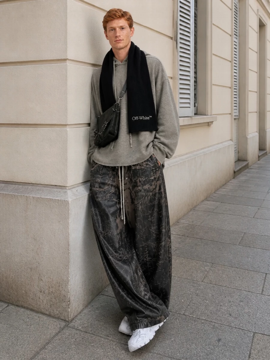 Rick owens wide trousers hoodie runners outfit
