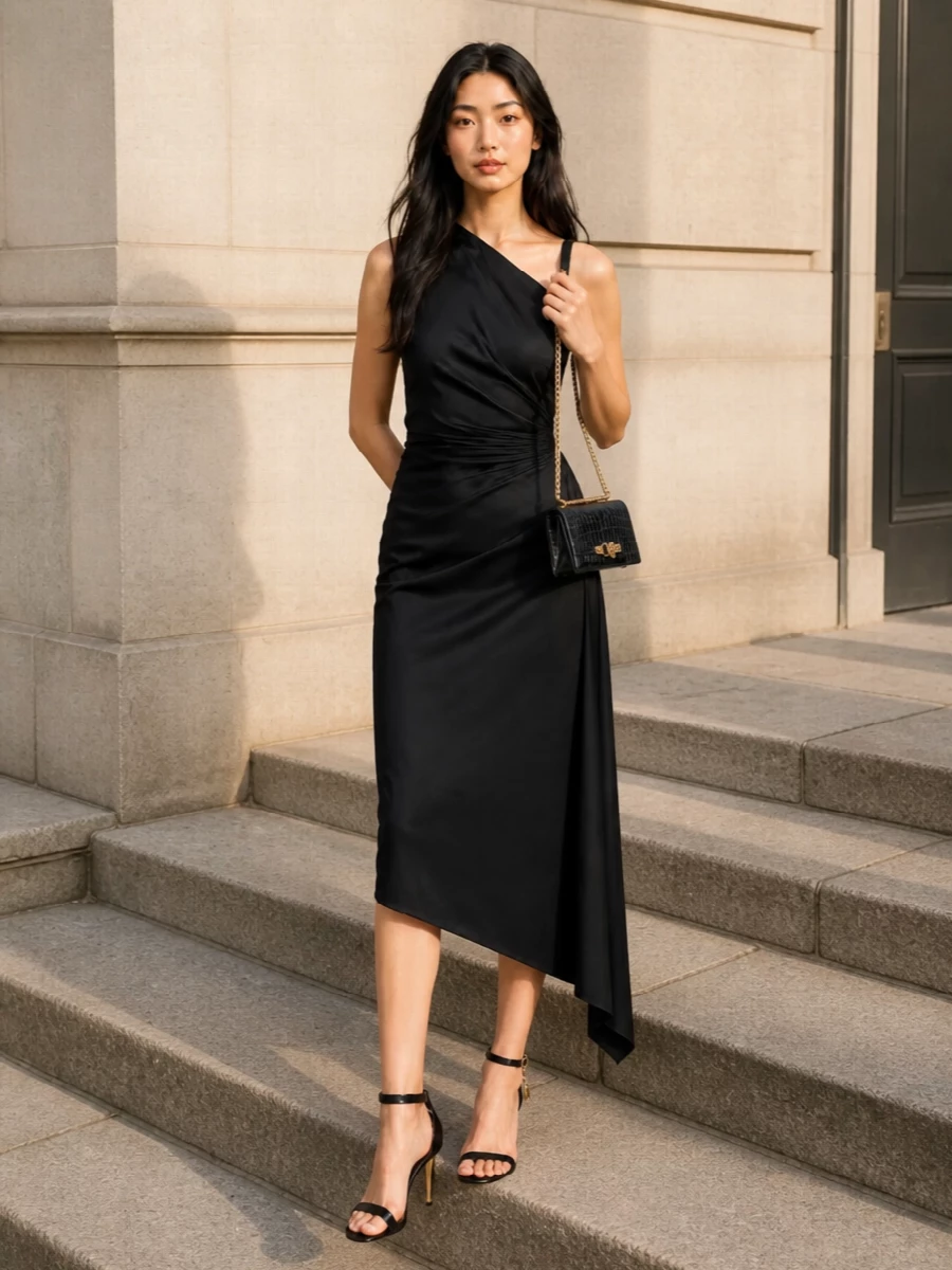 This is a pure black-tie-in-the-city moment built around line and texture rather than overt sparkle. The one-shoulder Balenciaga midi gives a sculpted, asymmetric column, which pairs cleanly with croc-textured gold-heel sandals and the McQueen croc cross-body for a tightly edited, hardware-linked story. I chose the dress route over separates to keep the eye on that single, graphic shoulder and let the croc and gold details read as jewelry rather than clutter.