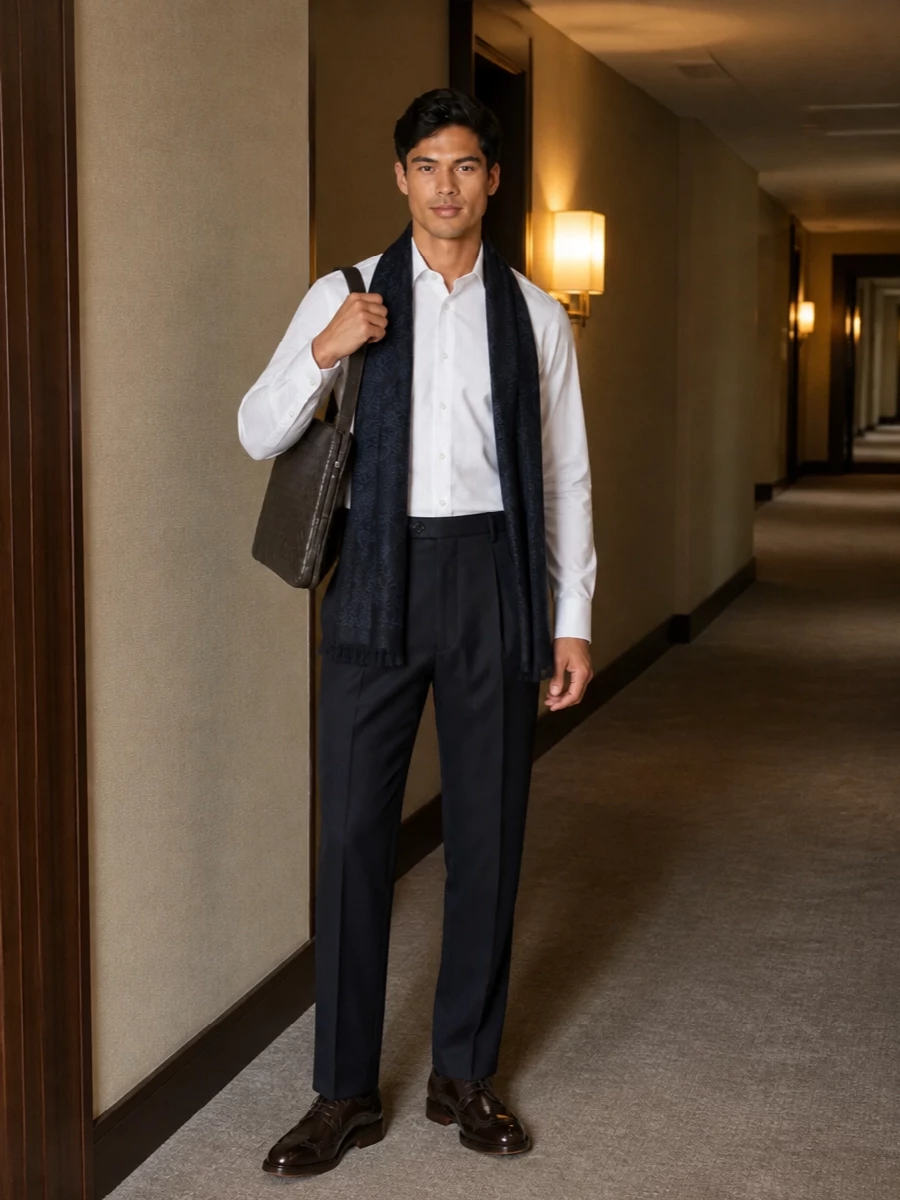 Etro white shirt navy trousers brown brogues