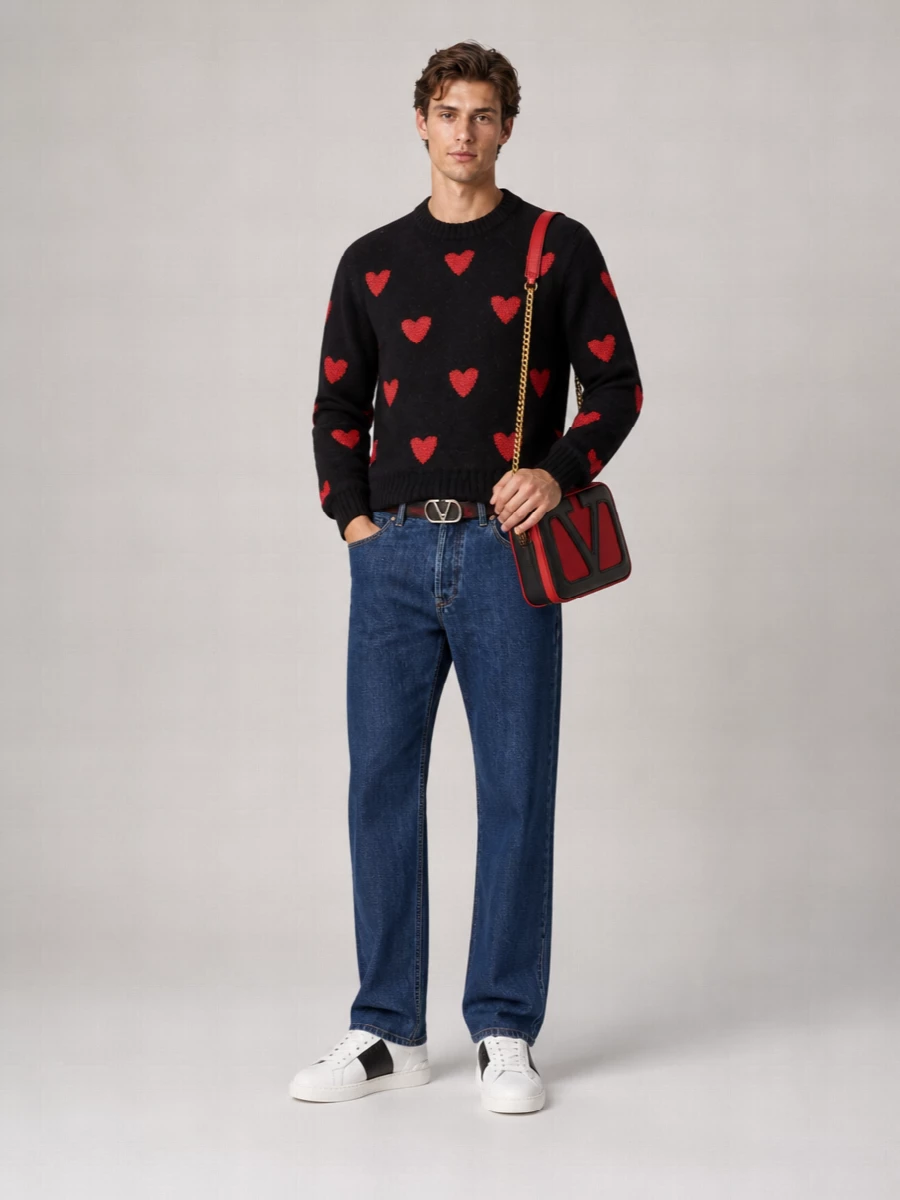 Valentino Wool And Mohair Jacquard Heart Pattern Crewneck Sweater