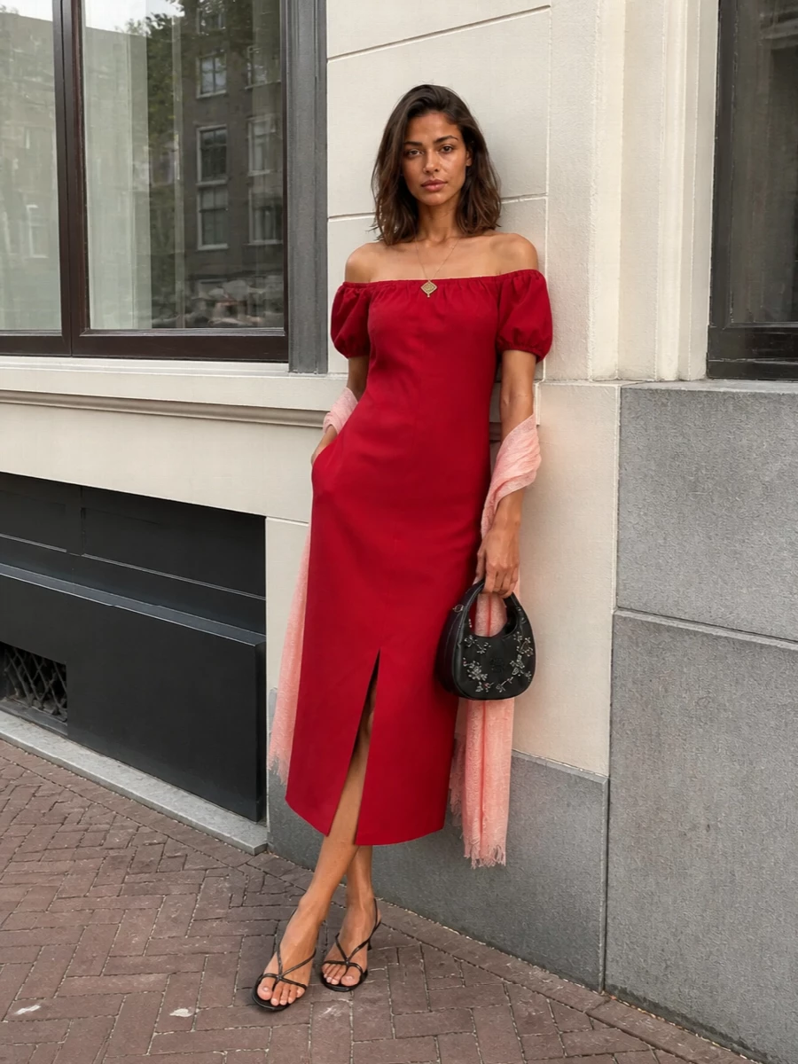 Miu miu red off shoulder dress black sandals