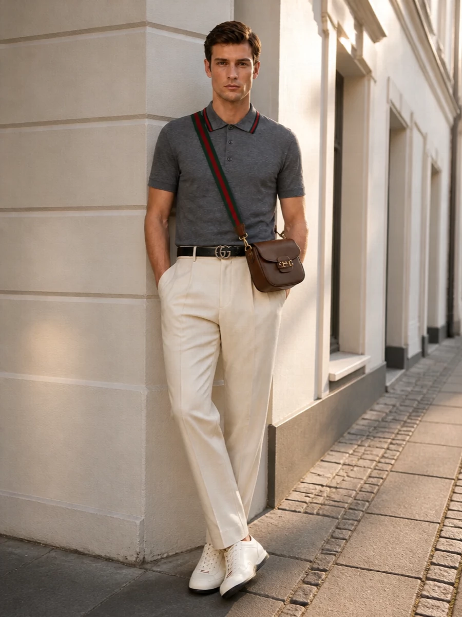 Gucci grey polo beige trousers sneakers