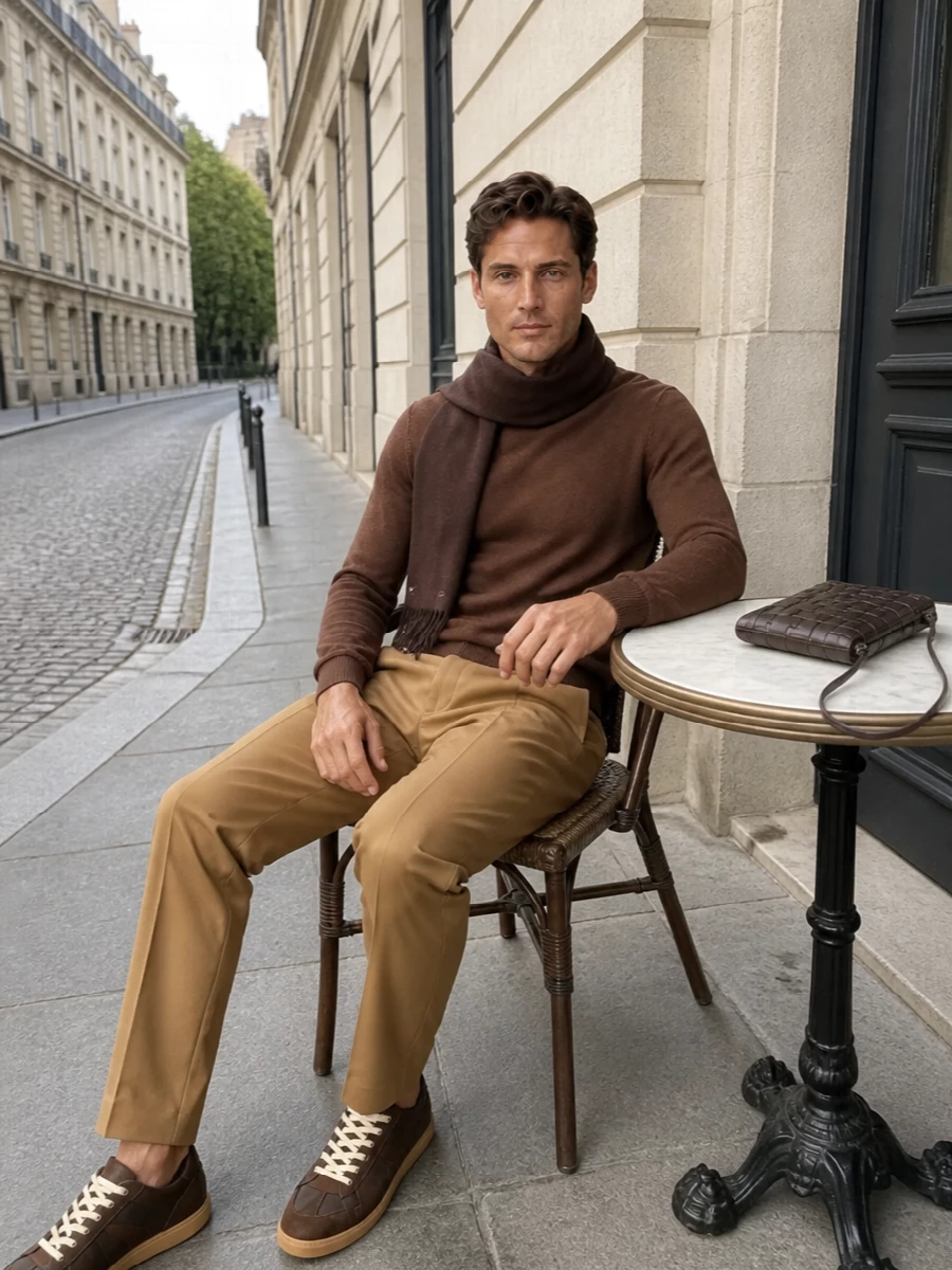 Maison margiela brown sweater camel trousers outfit
