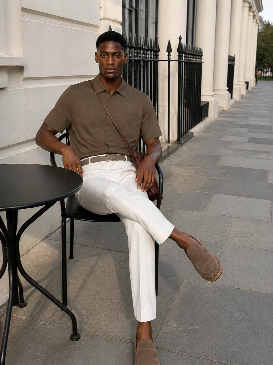 Herno taupe shirt off white trousers outfit