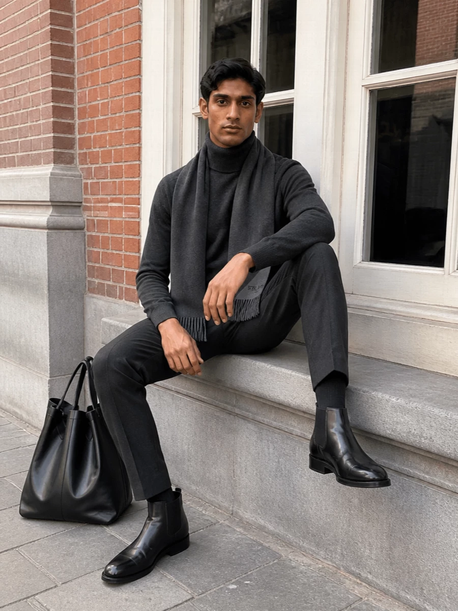 Charcoal on charcoal creates a quietly assured uniform, with the Margiela turtleneck and precise Prada trouser reading intelligent and understated. High-shine Chelsea boots add just enough formality, while the sculptural black tote and soft scarf keep the whole composition functional and calm for winter city days.