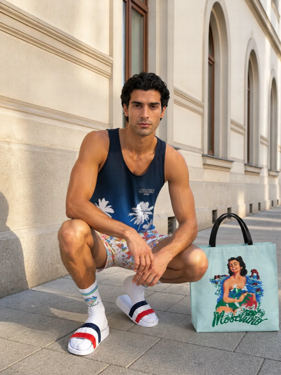 A graphic Moschino tank and treasure-print swim short double down on vacation energy in coordinated blues and sun-drenched corals. Moncler tricolor slides keep it casual and athletic, while the retro Moschino tote finishes the pool-to-promenade story with a bold, nostalgic twist.