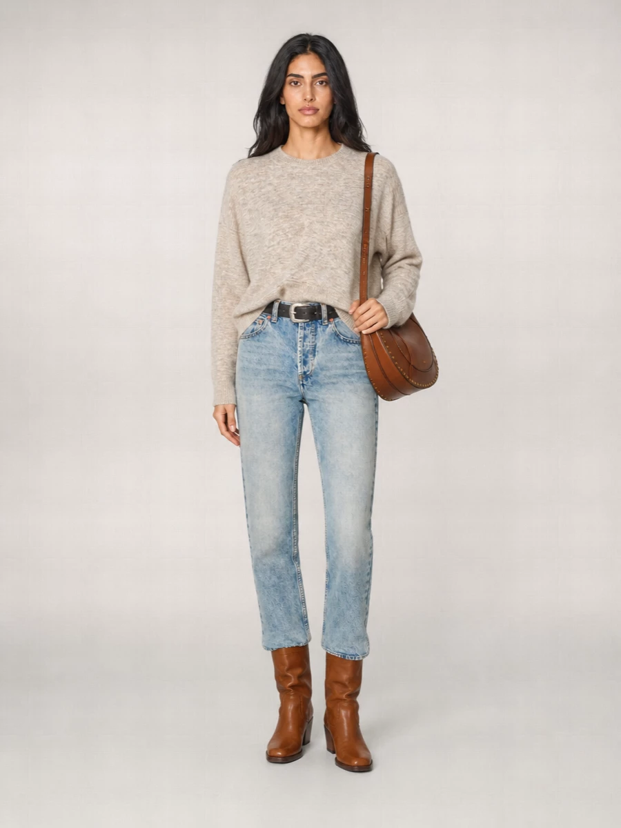 Light-wash Isabel Marant denim pairs with a relaxed oatmeal knit for a soft, grounded take on Parisian casual. Cognac mid-calf boots and a matching shoulder hobo deepen the warm neutrals, while a slim Western-tinged belt quietly defines the high-rise waist. The result is easy, street-aware and boho-tinged, perfect for city days that stretch into dinner.