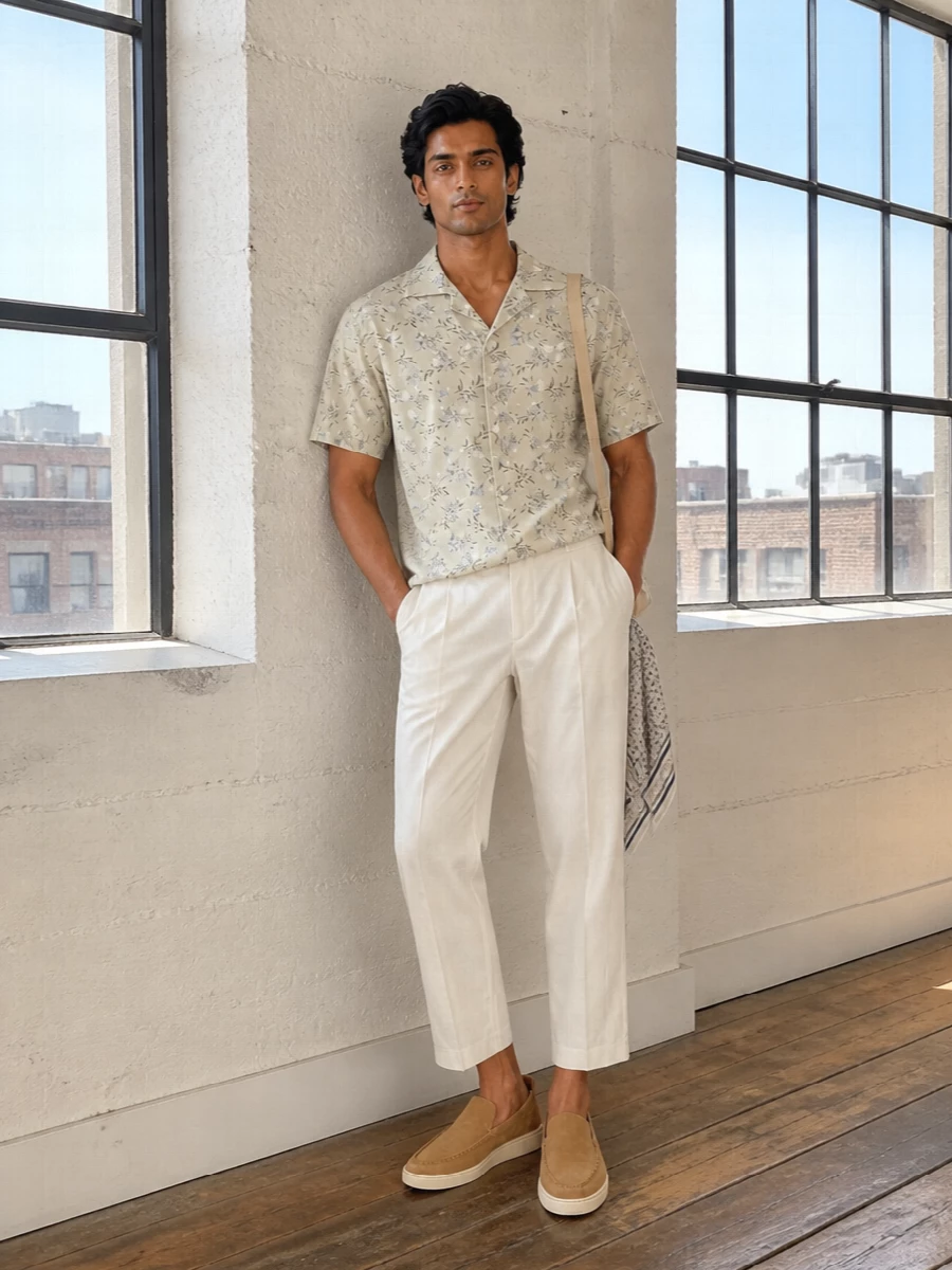 A powdery floral camp shirt sits over soft ivory cropped trousers for a light, romantic take on warm-weather tailoring. Sand suede slip-ons keep the line clean and relaxed, while a slim buttercream shoulder bag and a discreet navy patterned scarf add just enough structure and polish for city afternoons or terrace dinners. The result feels quietly expressive yet neatly put together, all in a soft, sun-bleached palette.