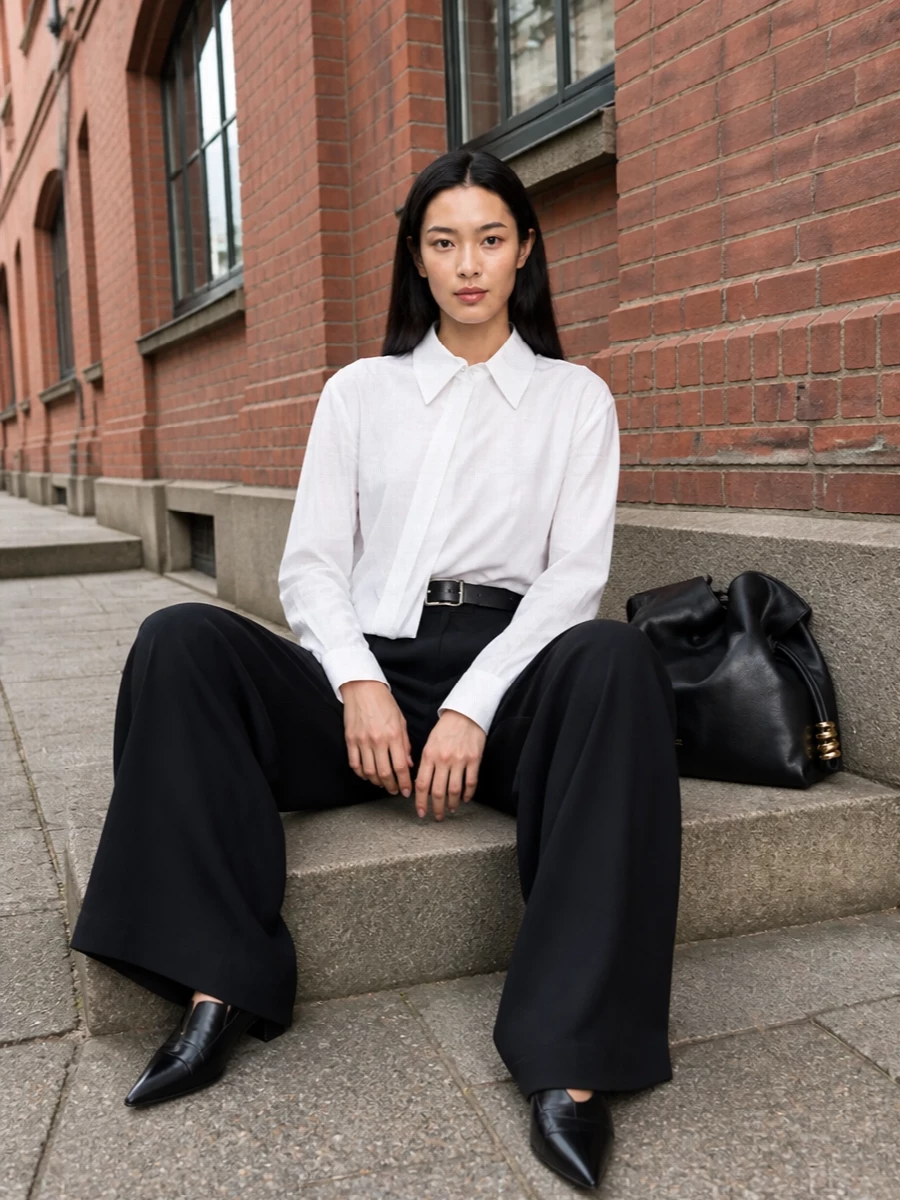 Loewe wide leg trousers ivory shirt black mules