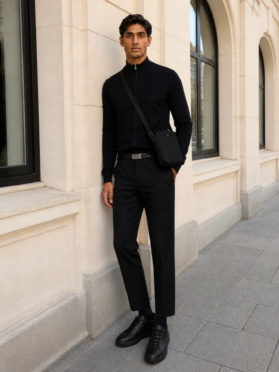 Boss black cropped trouser zip sweater outfit