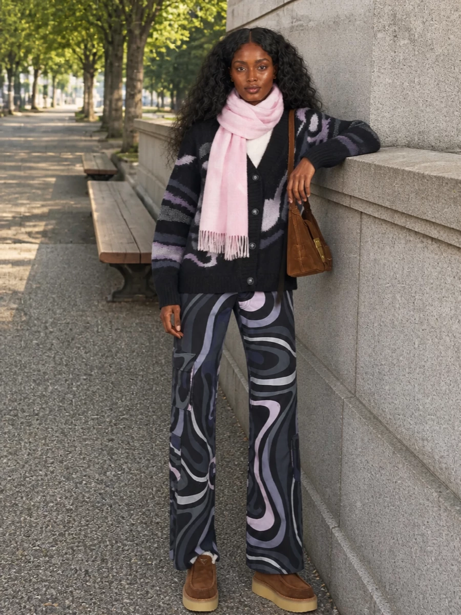 Pucci cardigan printed flared cargo pants outfit