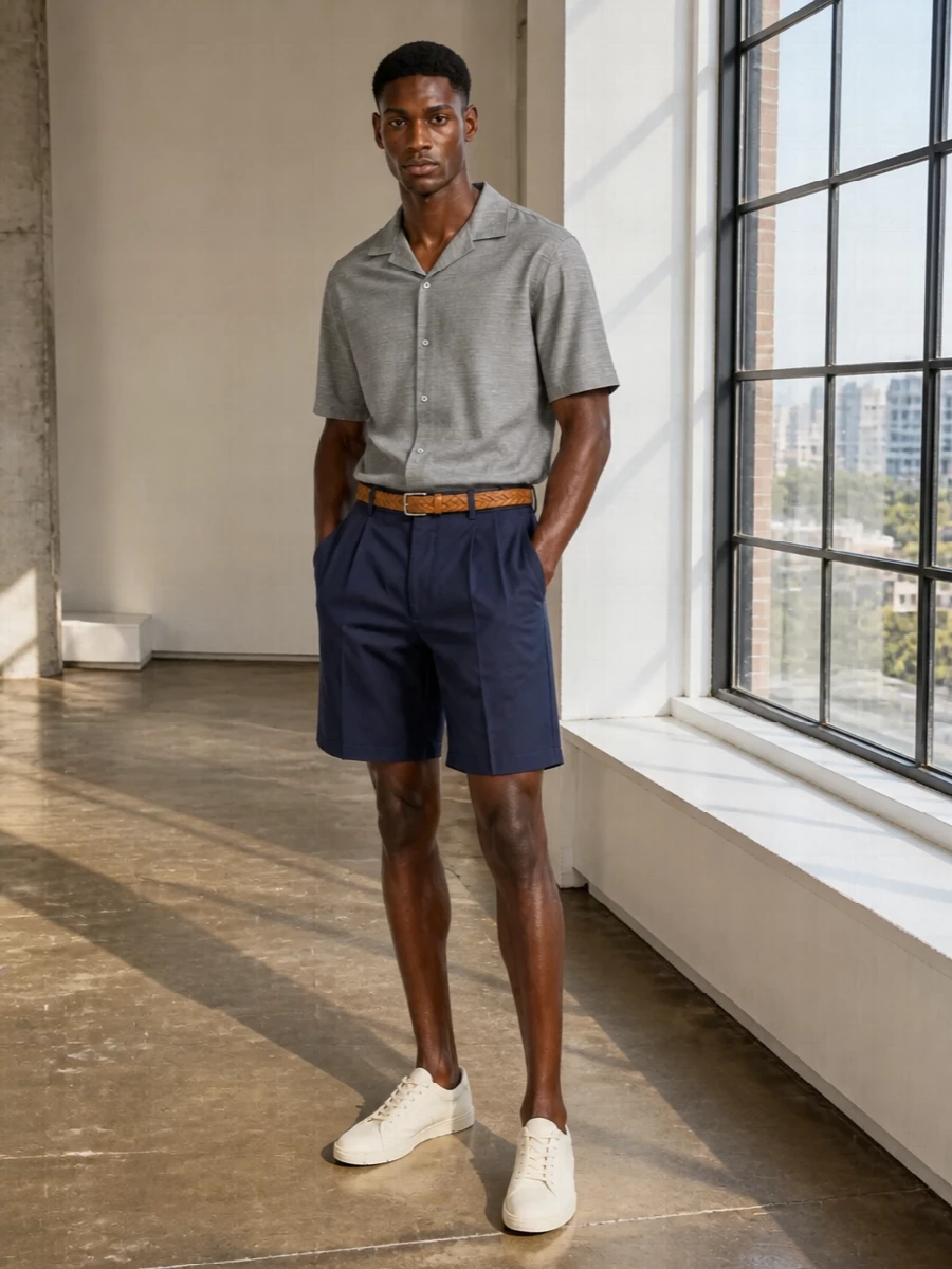 Mens navy pleated shorts grey camp collar shirt
