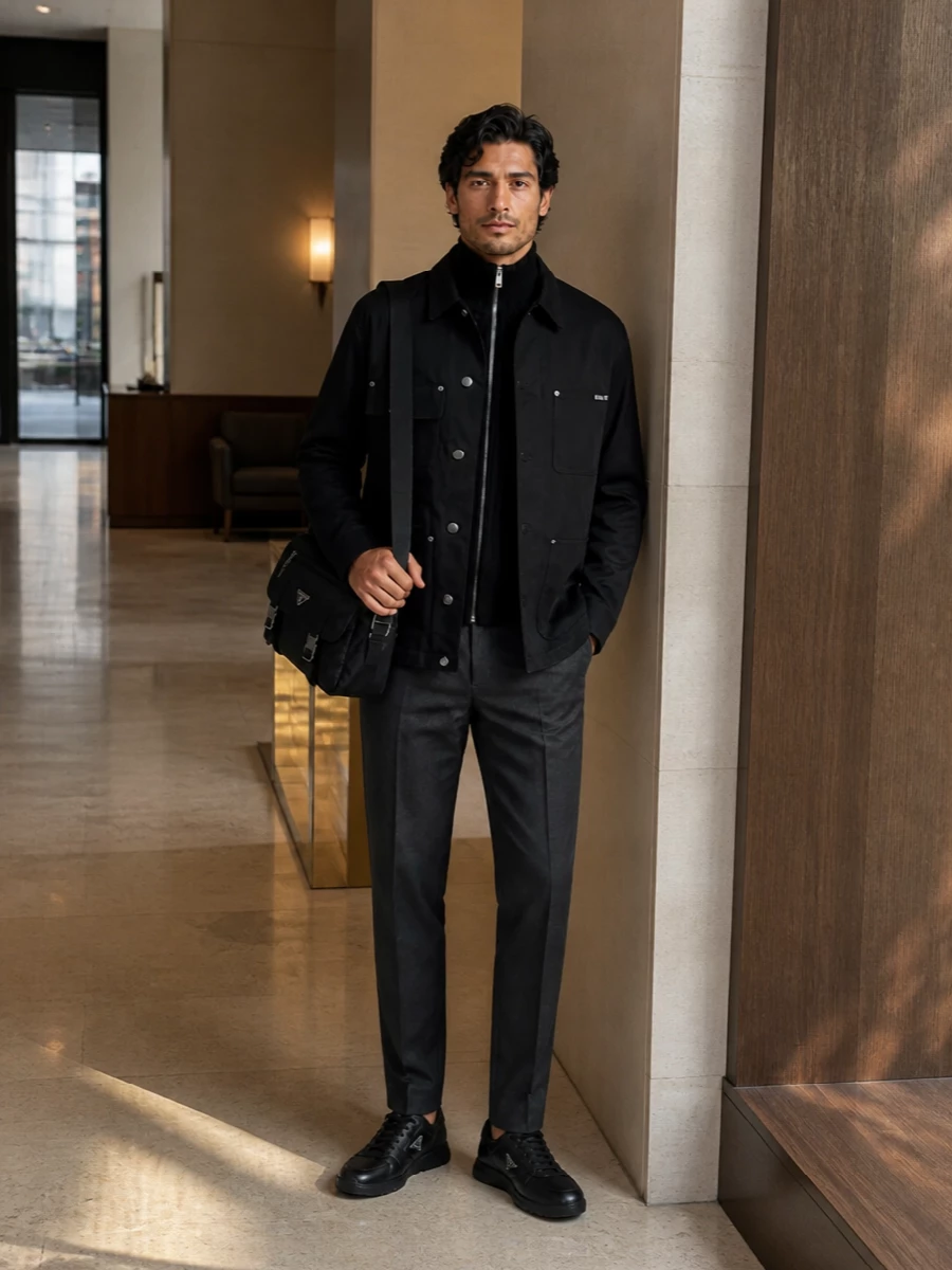 Prada black shirt jacket charcoal trousers outfit