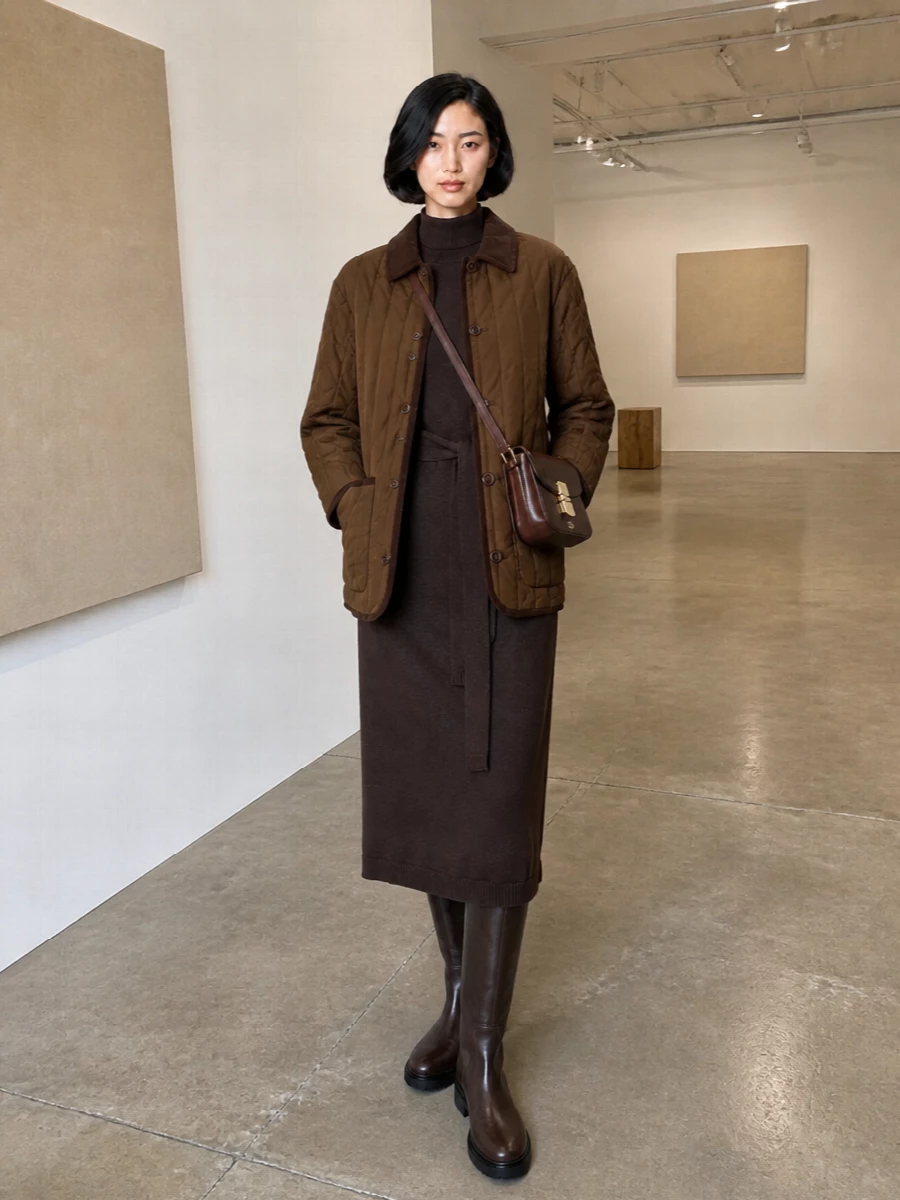 Apc quilted coat lemaire knit dress outfit