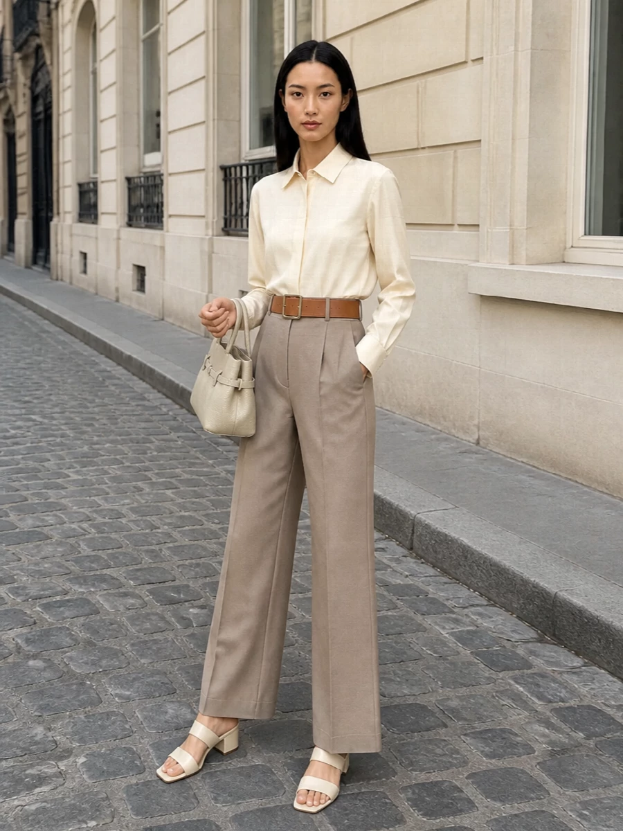 Max mara taupe wide leg trousers cream shirt