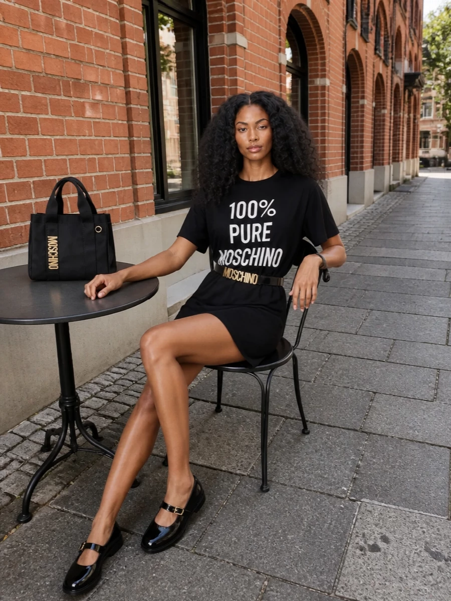 A black logo T-shirt dress is cinched with a slim gold-lettered belt, giving definition while keeping the attitude relaxed. Glossy Mary Janes and a structured logo tote lean into a preppy street vibe that works from coffee runs to gallery afternoons. The result is graphic, comfortable and pulled together without losing the brand’s playful edge.