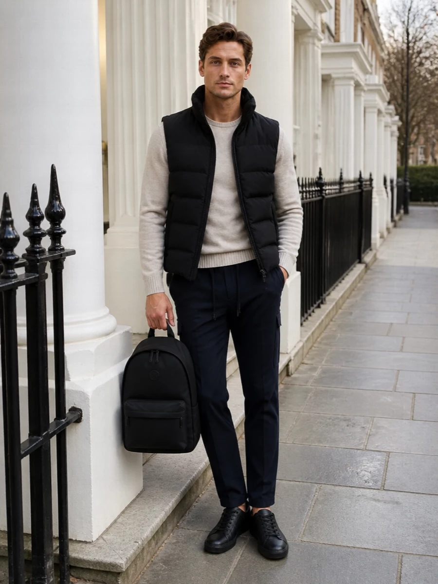 Herno gilet navy trousers black sneakers