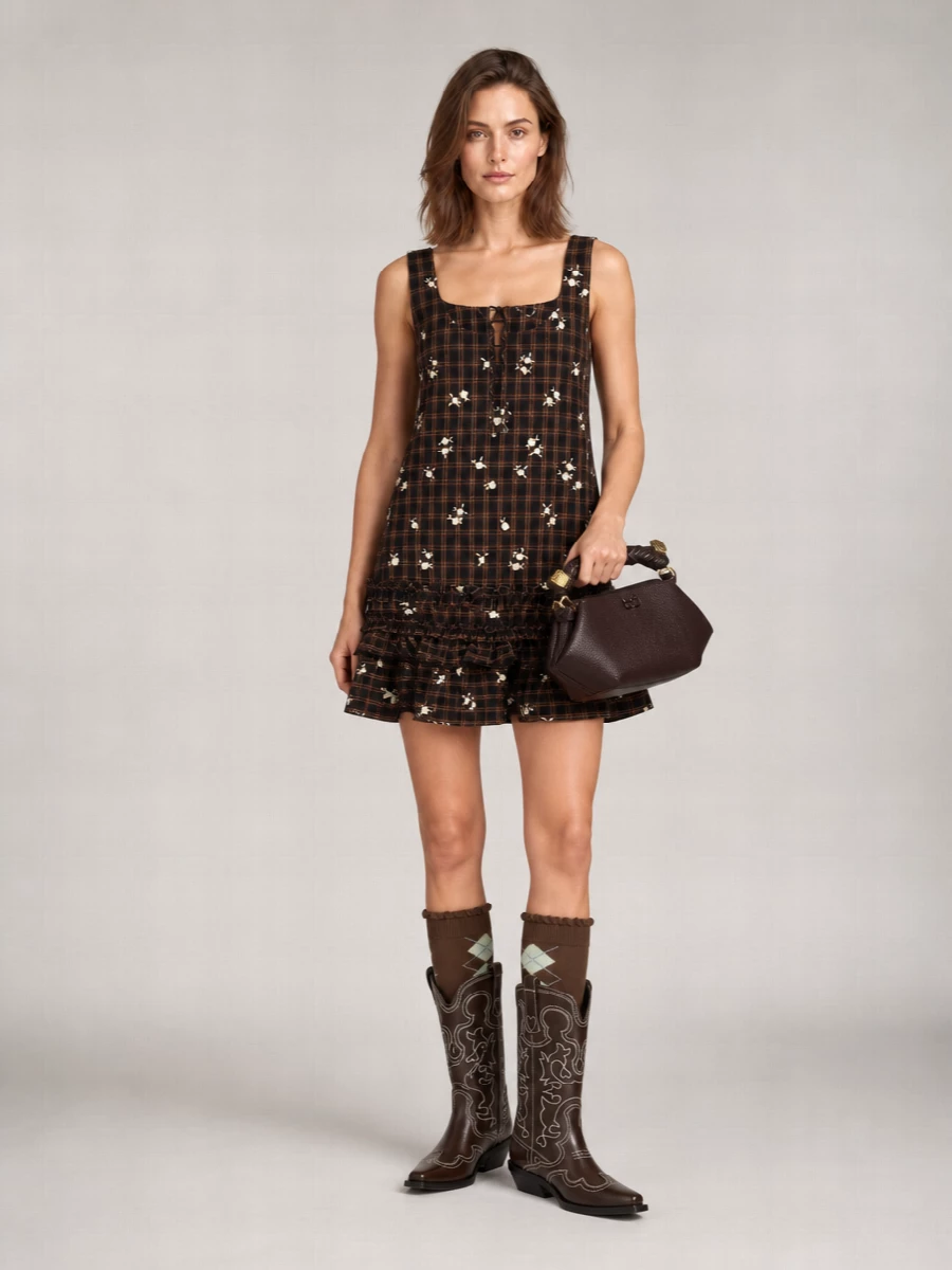 Ganni Checked Floral-Embroidered Sleeveless Mini Dress
