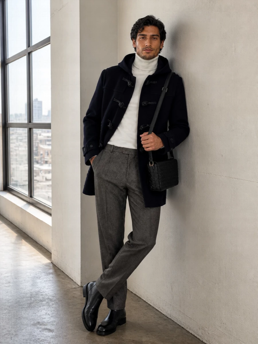 Bottega veneta duffle coat turtleneck trousers