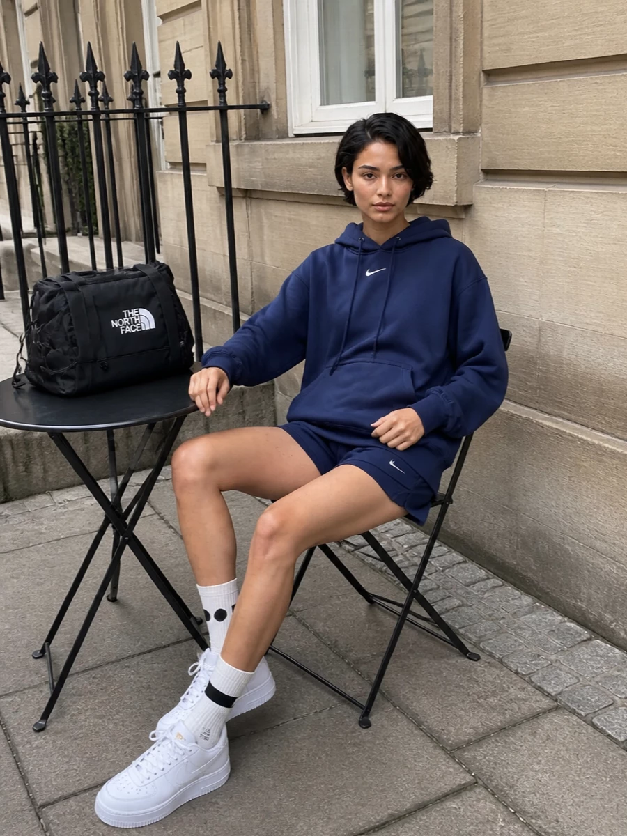 Nike navy hoodie running shorts sneakers outfit