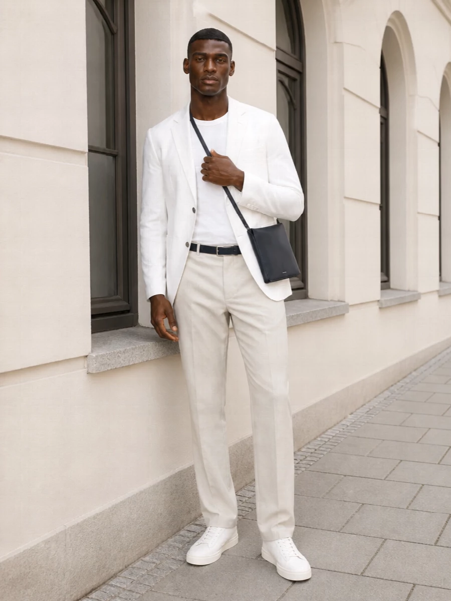 Emporio armani white blazer beige trousers outfit