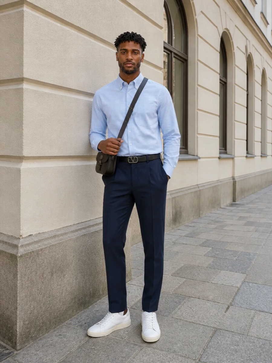 Valentino pale blue shirt navy trouser outfit
