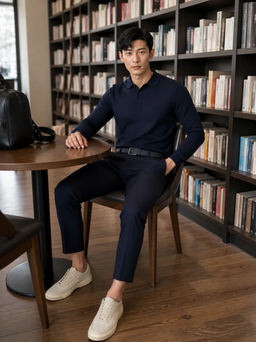 Deep navy on navy sets a calm, minimal base, with the cropped tailored trouser sharpening the sportier attitude of the long-sleeve polo. Clean cream sneakers lift the darkness just enough, and the structured black backpack plus matching navy belt keep everything feeling intentional for office days that roll into the evening.
