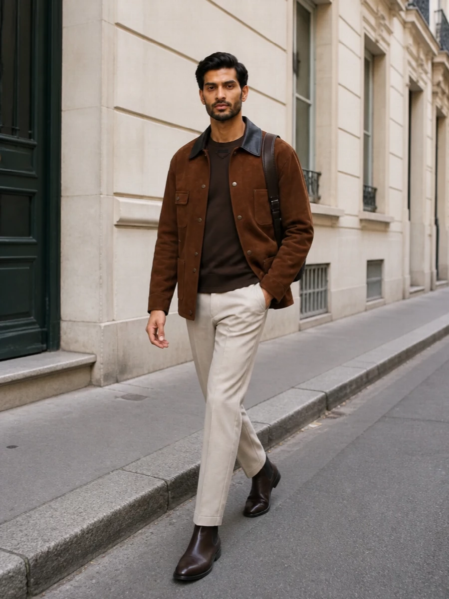 Chestnut suede coat outfit beige trousers