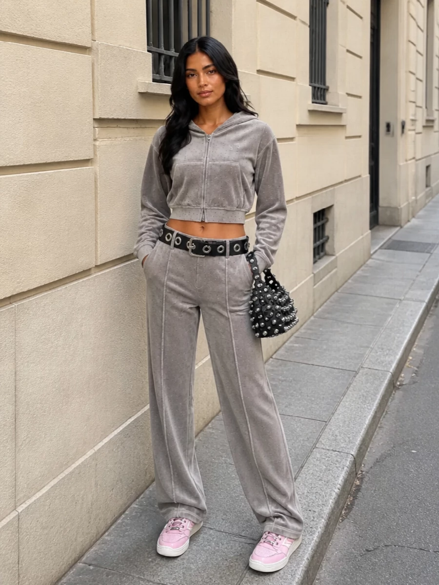Alexander wang velour hoodie wide leg outfit