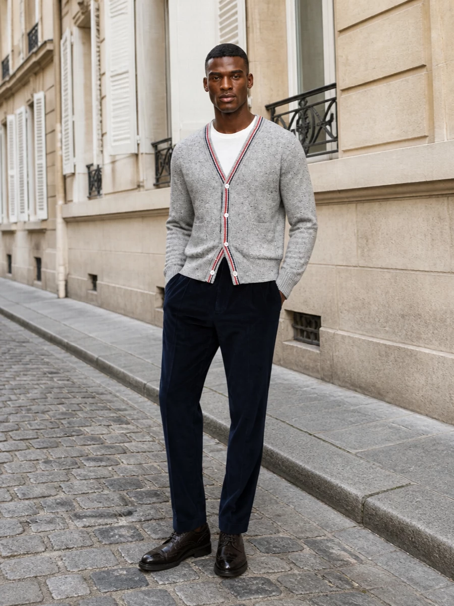 Thom browne cardigan navy corduroy trousers