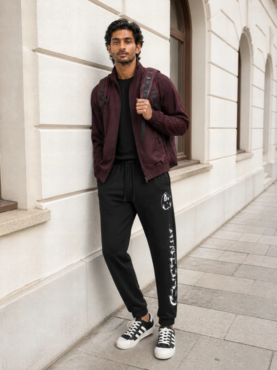 Y3 burgundy track jacket black joggers outfit