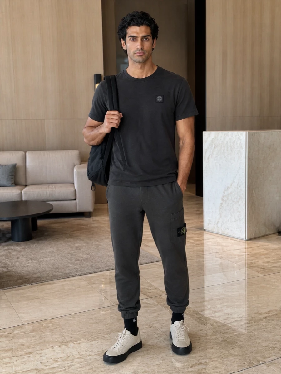 Stone island charcoal joggers technical tee sneakers