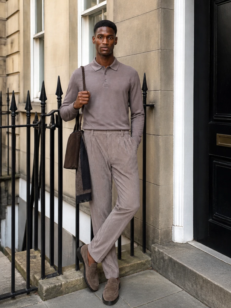 Herno taupe corduroy trousers suede loafers