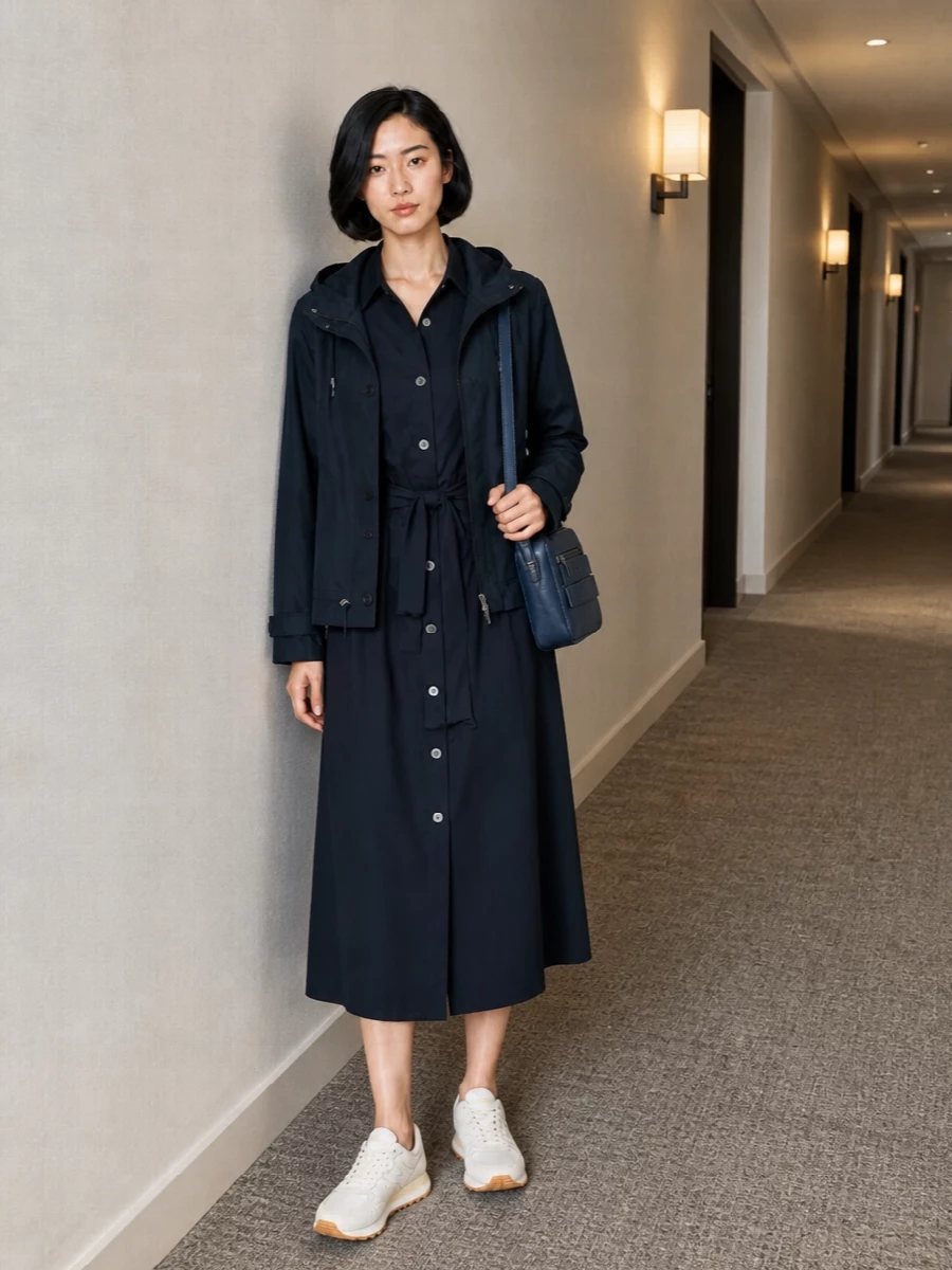 Woolrich navy utility jacket shirt dress outfit